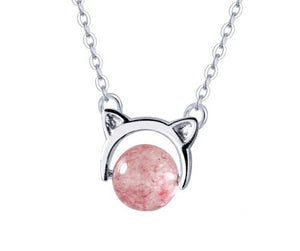 Cute Cat Ear With Pink Strawberry Pendant